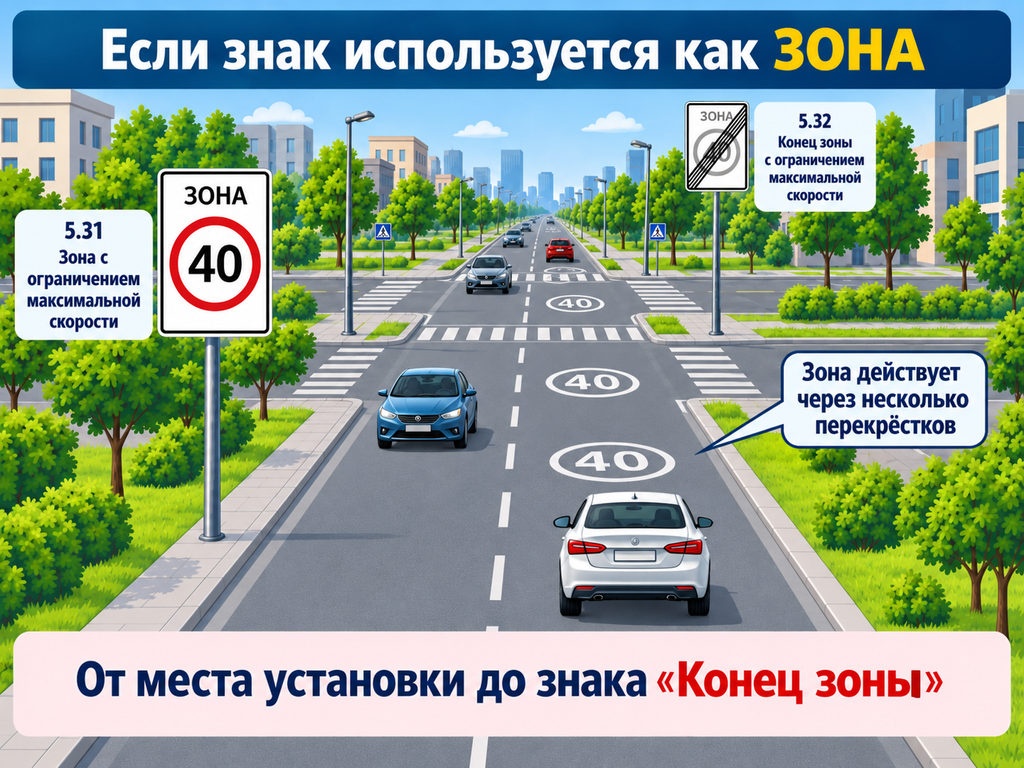 Зона ограничения максимальной скорости 5.31 действует до знака 5.32 через перекрёстки